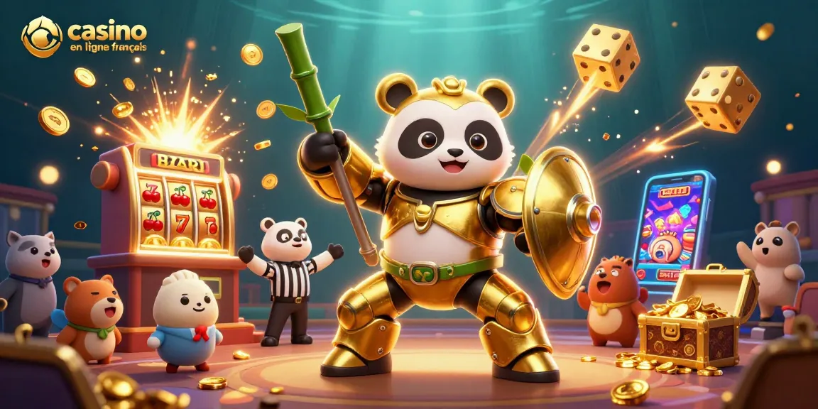 Illustration dynamique d'un panda doré en armure pilotant un robot pour le casino en ligne français.