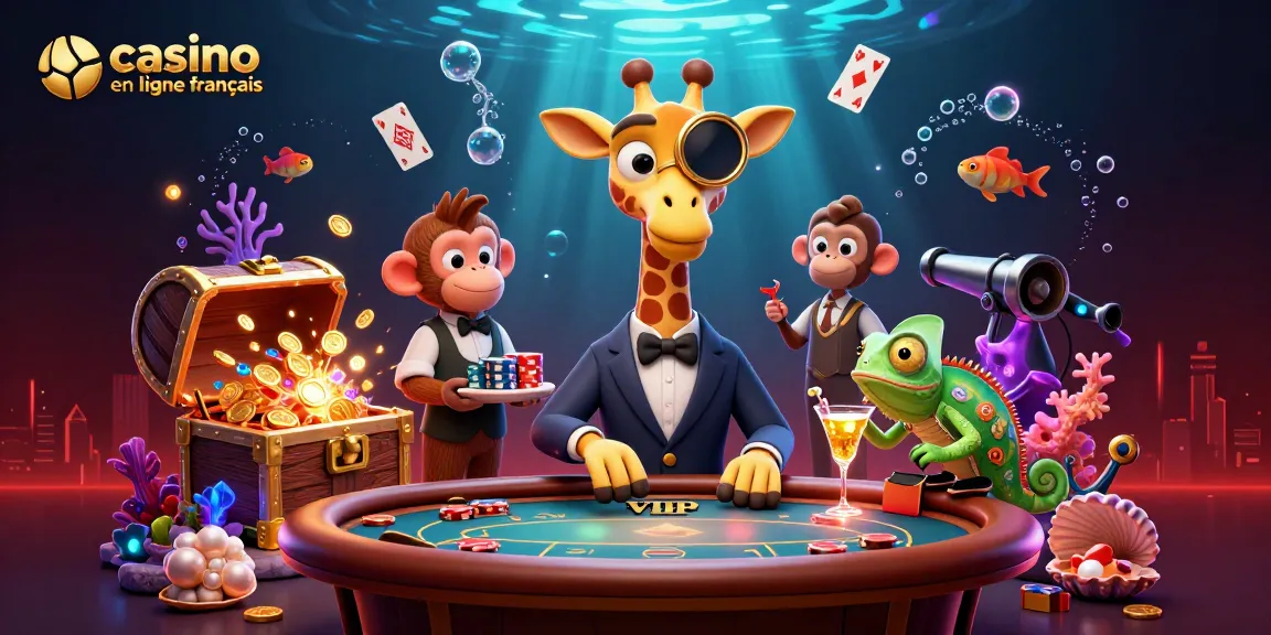 Un joueur au casino en ligne français avec une girafe aux cartes, un singe et un caméléon, ambiance festive.