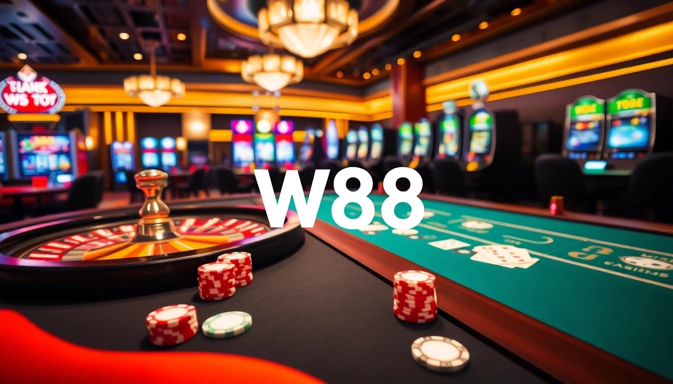 Exciting gambling atmosphere showcasing W88 link in a luxurious casino setting with poker and slots.