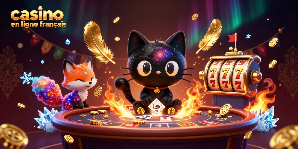 Illustration d'un chat noir de casino en ligne français attirant des jetons d'or et des cartes avec une galaxie dans sa fourrure.