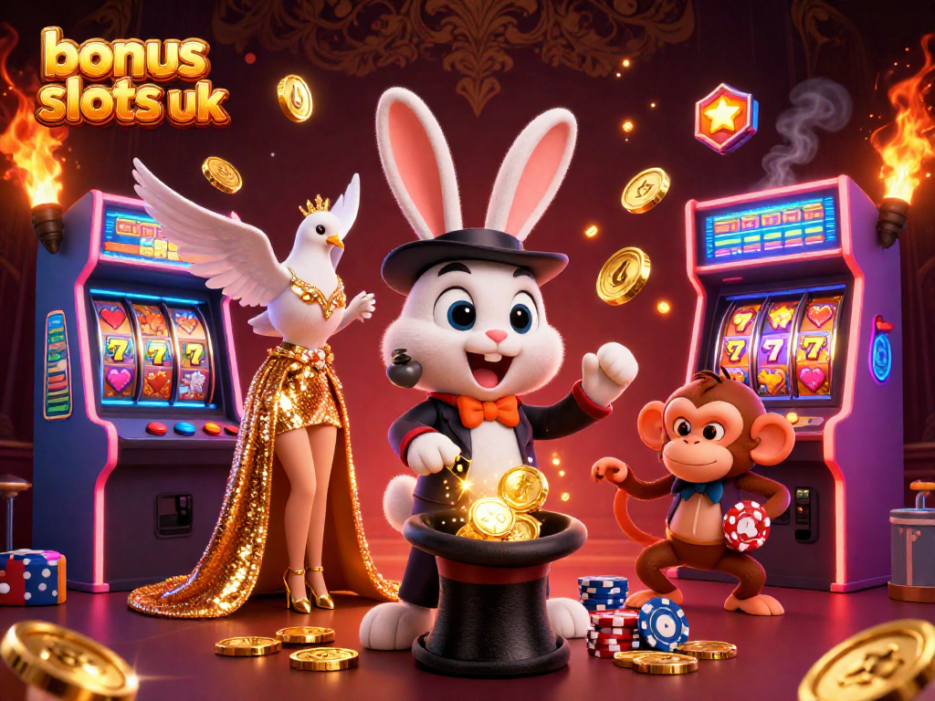 Experience thrilling bonus buy slots uk with a magician rabbit, dove, and a cheeky monkey in an energetic casino scene.