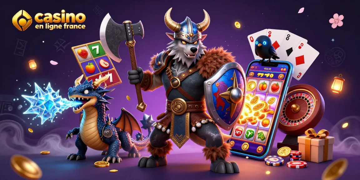Explorez casino en ligne France avec un guerrier loup, dragon et éléments de jeux dans une scène captivante.
