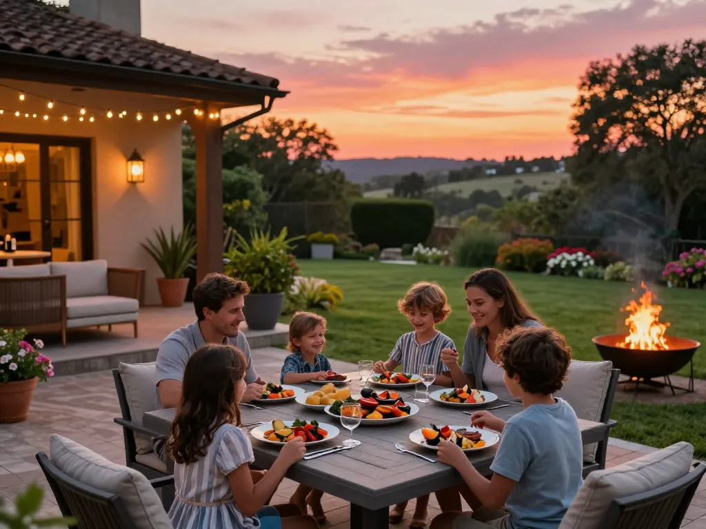 Outdoor living configurator scene with family dining in a beautifully designed backyard.