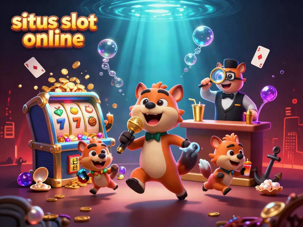 Jelajahi situs slot online dengan gambar lucu dari hyena di kasino dengan slot mesin dan perhiasan mega di sekelilingnya.