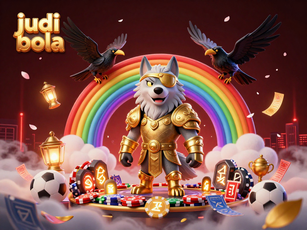 Bet on judi bola with engaging sports betting scene featuring iconic figures and festive elements in a rich illustration.