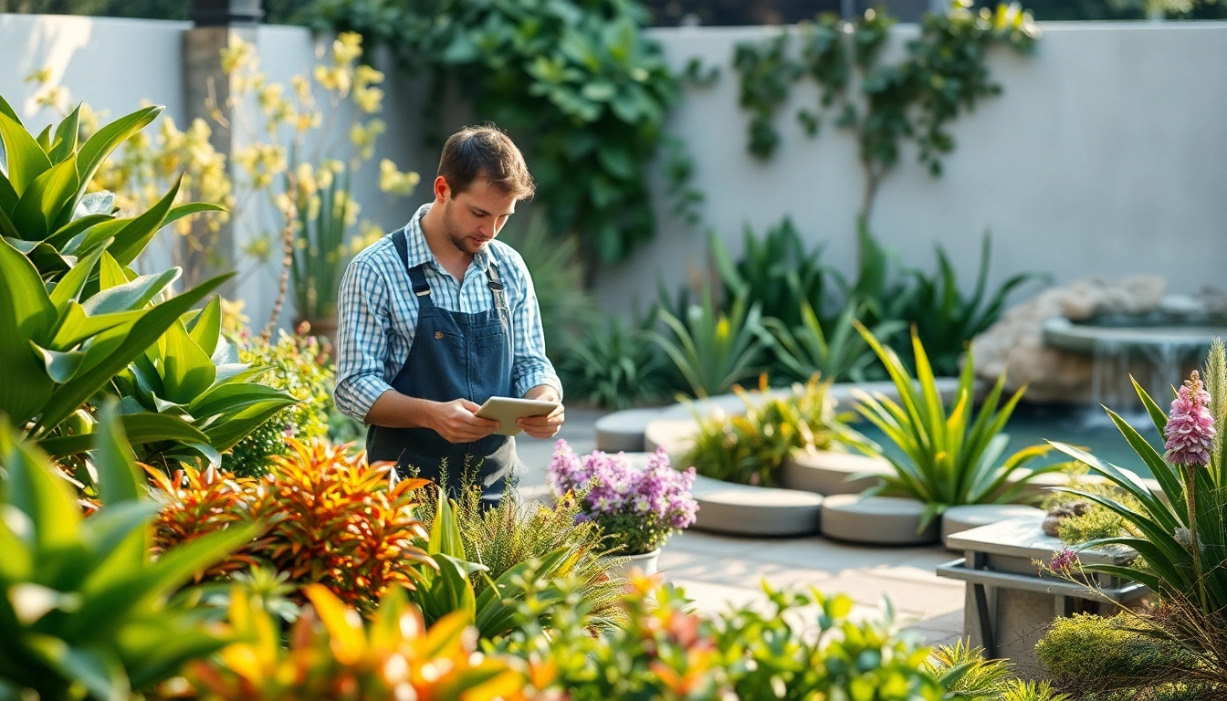 Landscape architect creating an innovative garden space with soft lighting and vibrant plants.
