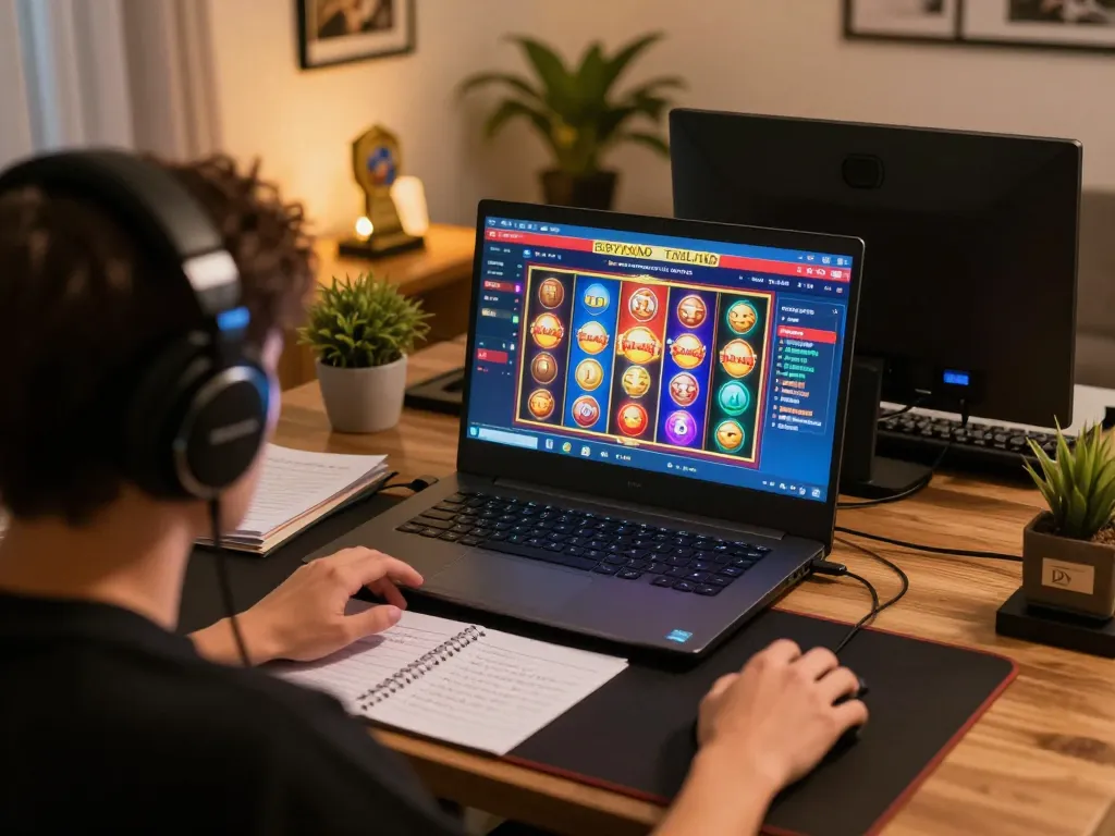 Engaged player using a laptop for slot server thailand gaming, surrounded by strategy notes and modern setup.