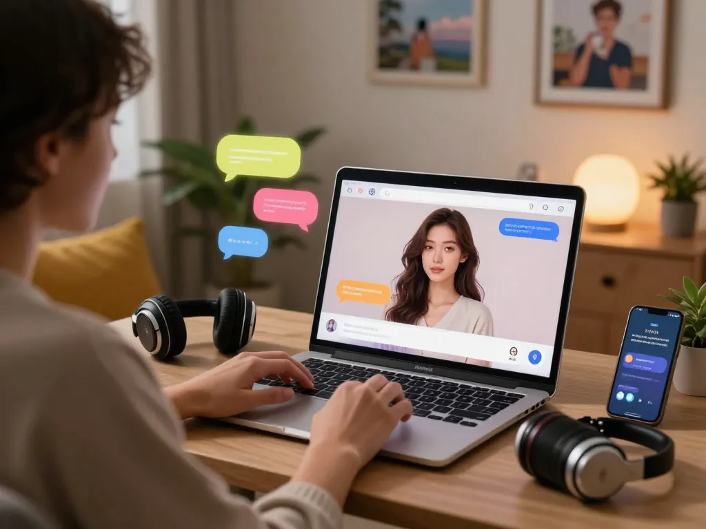 Engaging chat scene with an AI girlfriend on a laptop, showcasing cozy digital interaction.