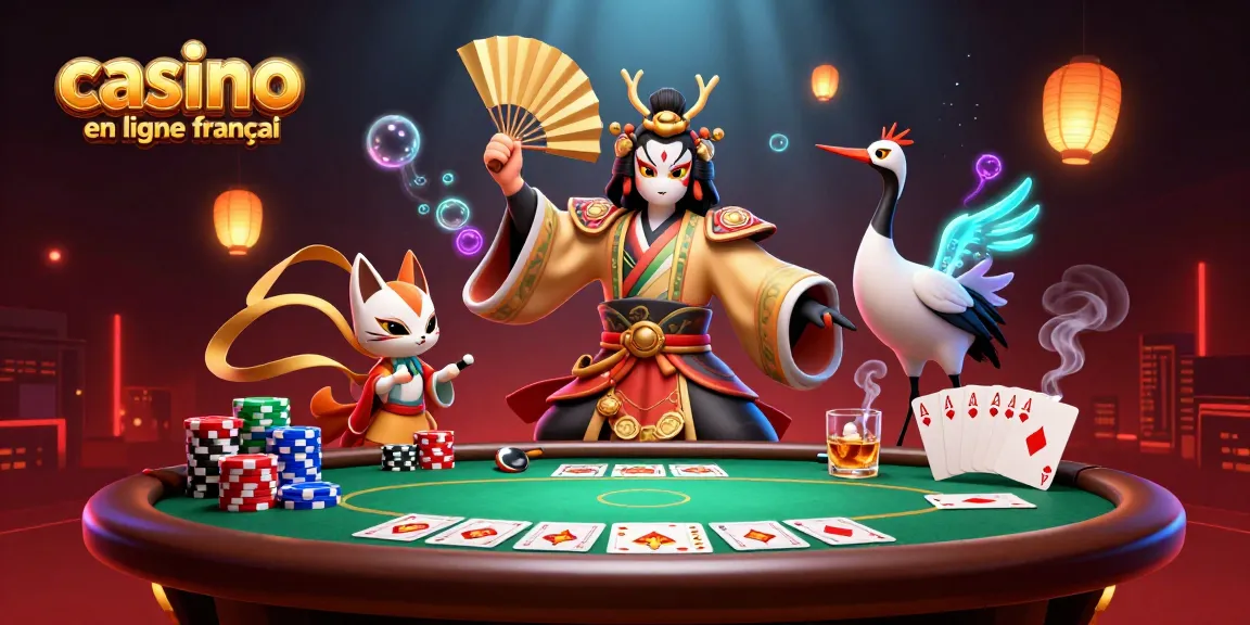 Jouez dans un casino en ligne français avec des guerriers kabuki et des éléments de poker colorés.