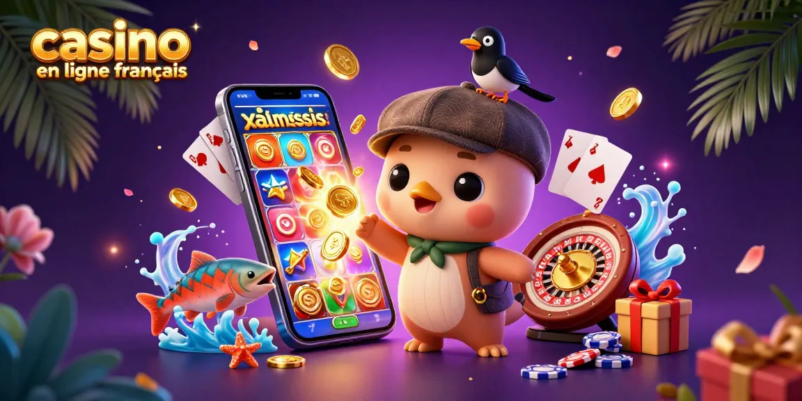 Illustration 3D d'un casino en ligne français avec un bébé Nessie, un geai et des saumons.