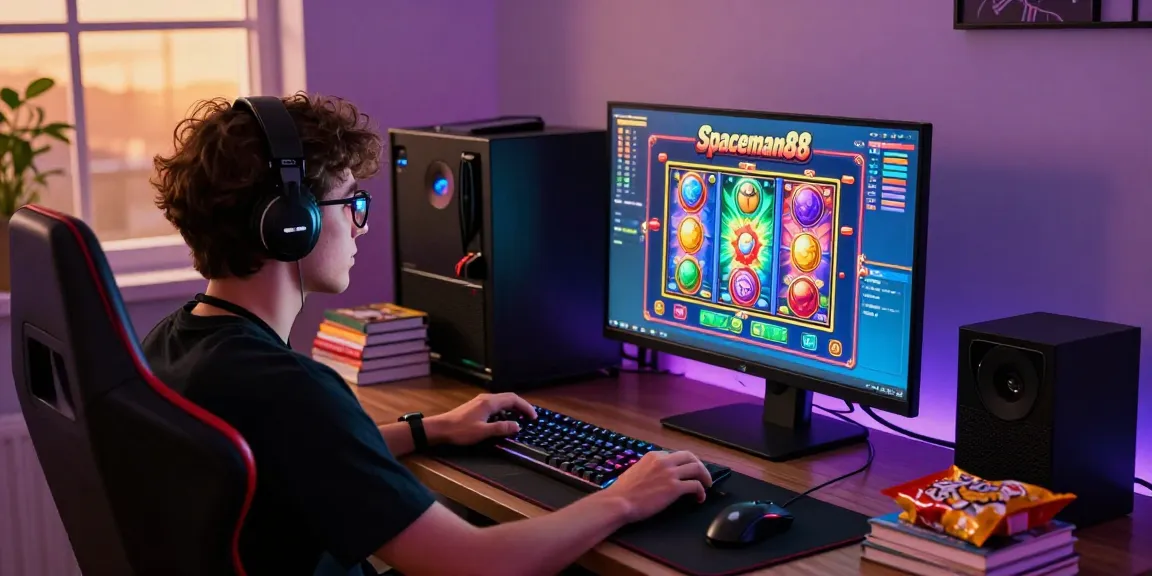 Engaged player enjoying the spaceman88 slot game in a cozy gaming setup with vibrant visuals.