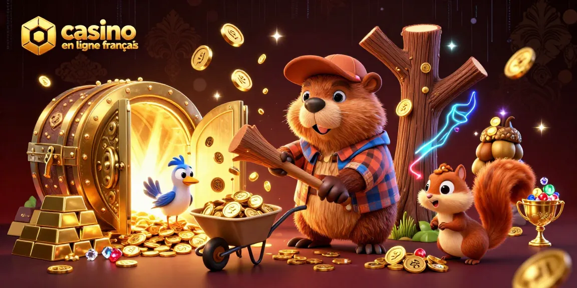 Le ludique univers du casino en ligne français, avec un castor, un oiseau, et un écureuil collectant des pièces d'or.