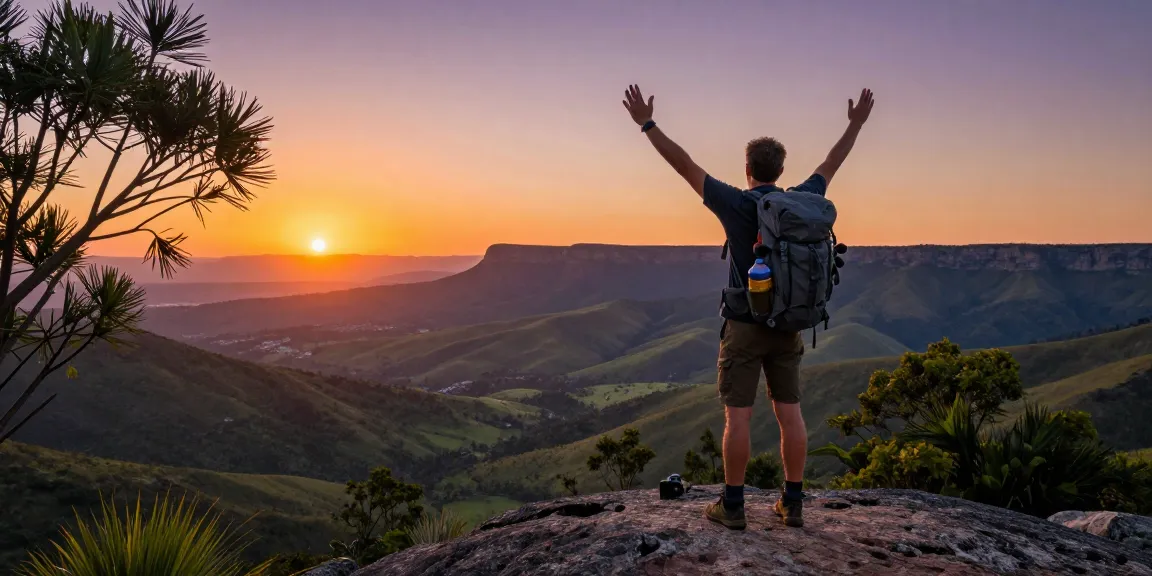 Accommodation Magaliesberg adventure scene at sunset with traveler celebrating breathtaking mountain views.