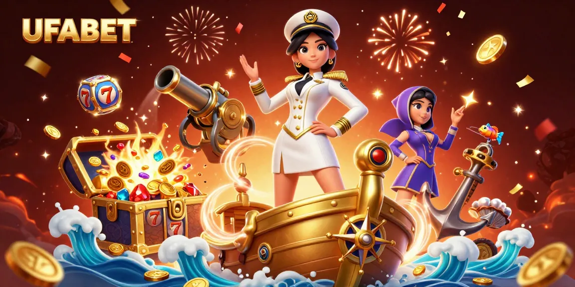 Spin the reels at UFABET's 3D casino illustration showcasing vibrant gaming elements and action.
