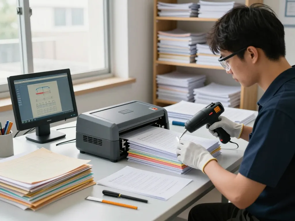 bóc ép plastic technique being performed on important documents in a professional workshop.