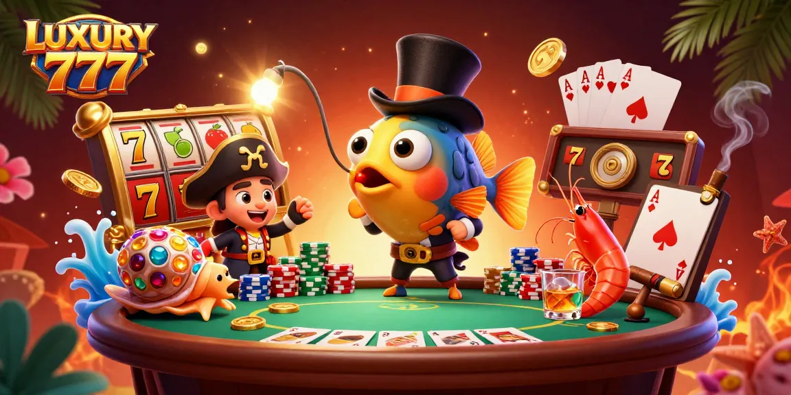 Menang jackpot dengan LUXURY 777 di antara karakter laut dan simbol permainan kasino.