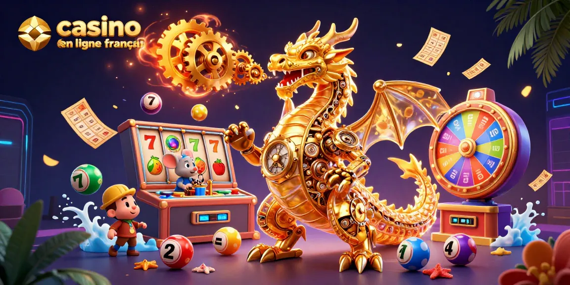 Jouer sur un casino en ligne français avec un dragon doré et des éléments de loterie colorés.