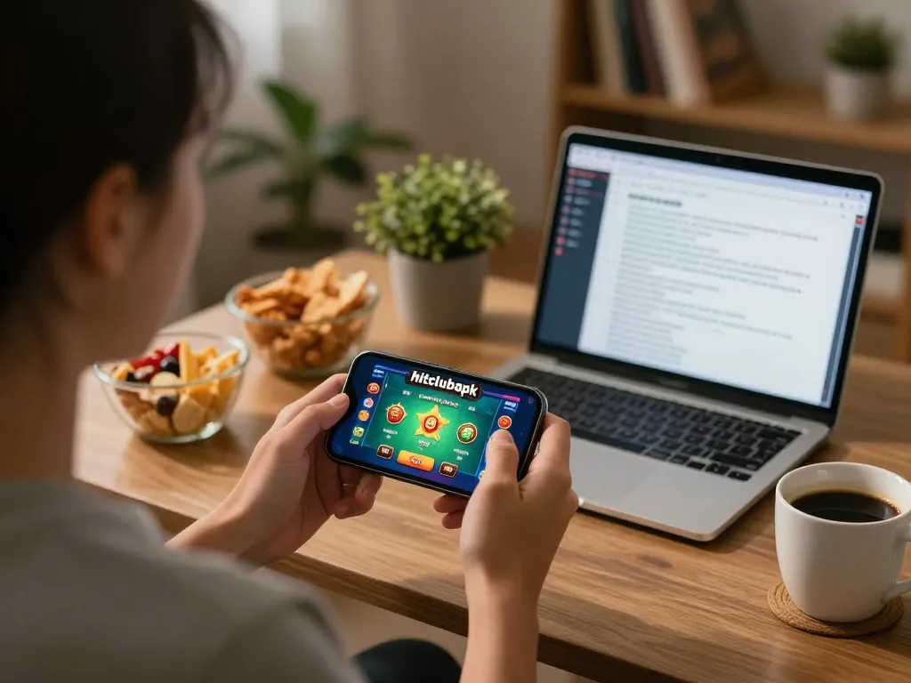 The person engages in mobile gaming with hitclubapk on their smartphone, creating an inviting atmosphere with snacks and drinks.