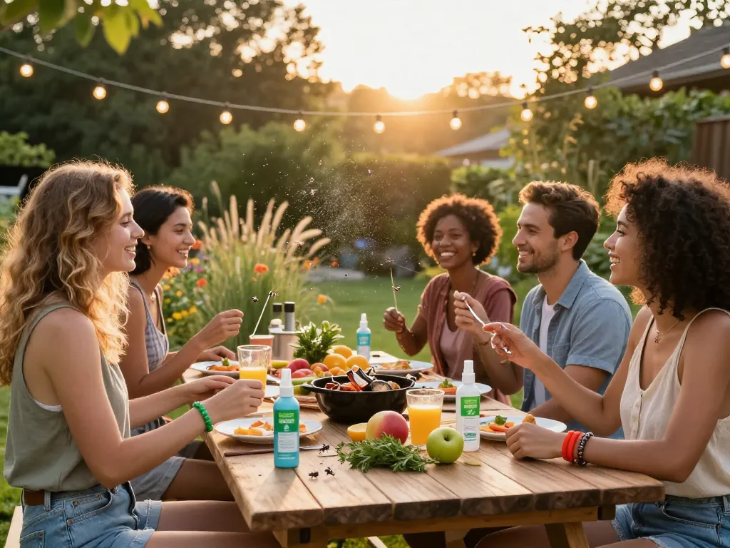 Friends enjoying a summer barbecue with mosquito repellent products on table in a vibrant backyard.