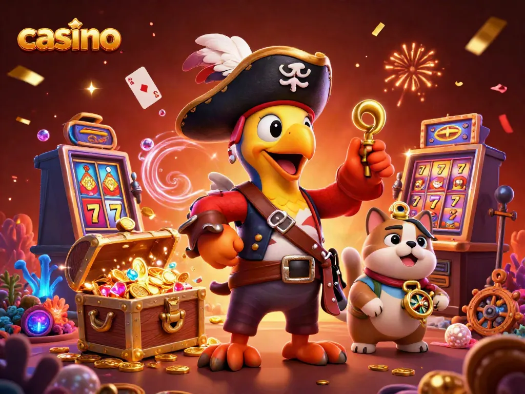 Experience thrilling casino action with a vibrant pirate scene filled with slots and treasures