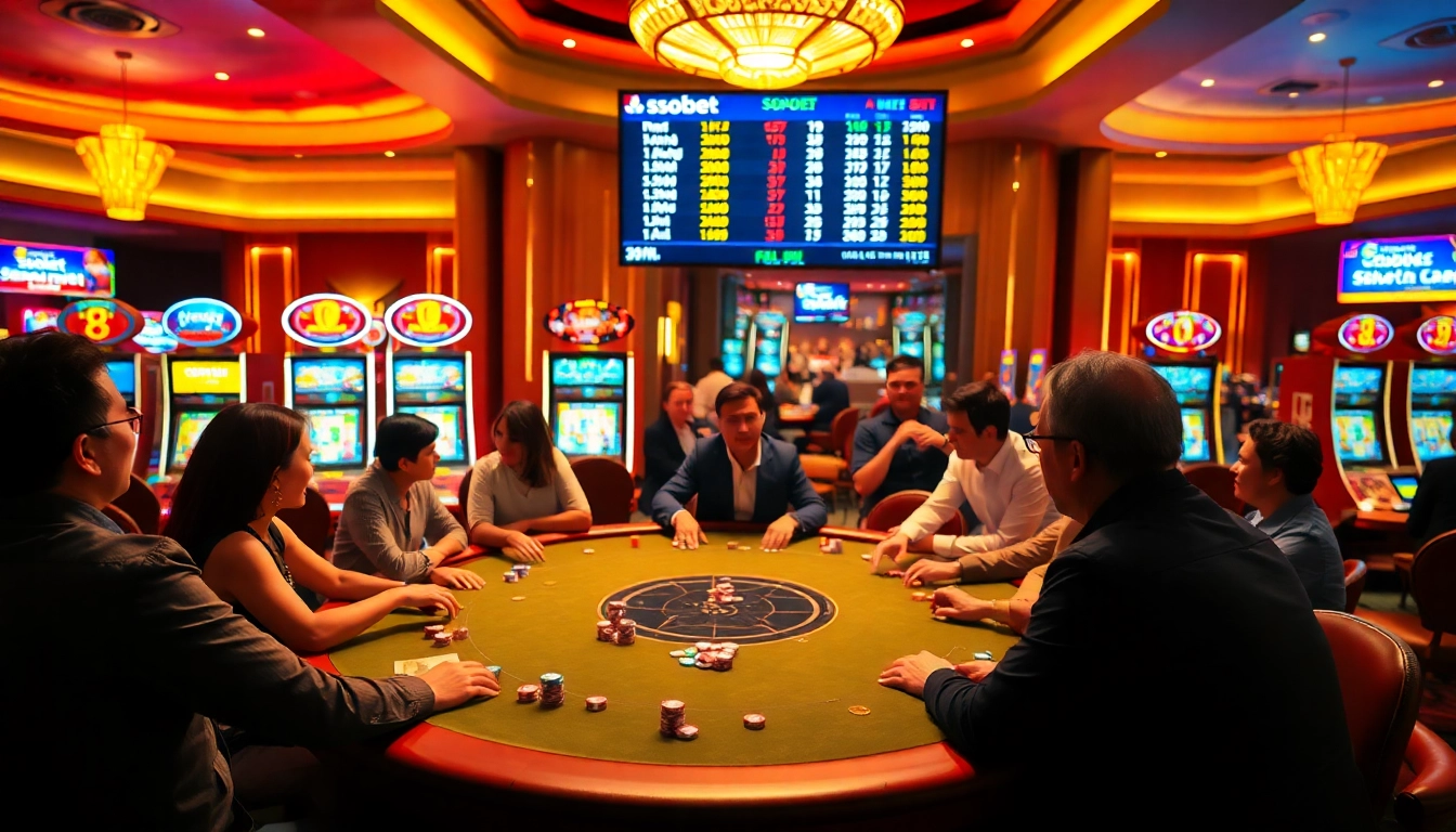 Engage in sbobet betting with vibrant casino tables filled with excited players.