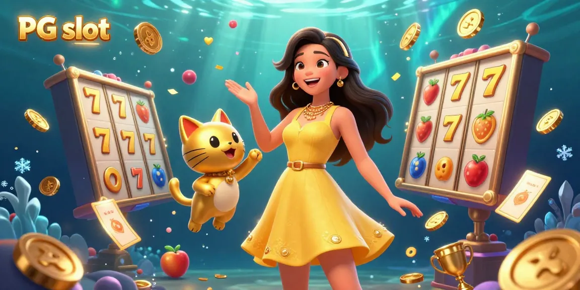 Engage with PG slot in a vibrant scene featuring a cheerful woman and a lucky cat amidst dynamic slot reels and symbols.