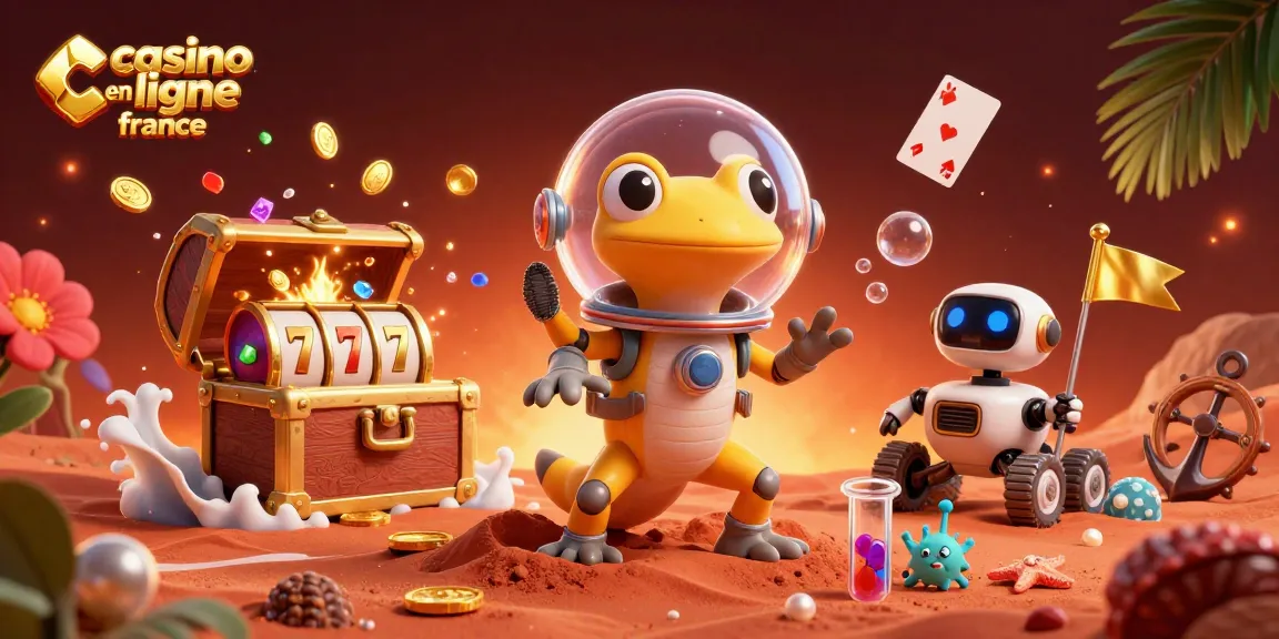 Profitez de l'aventure de casino en ligne en France avec un gecko martien découvrant un casino doré.