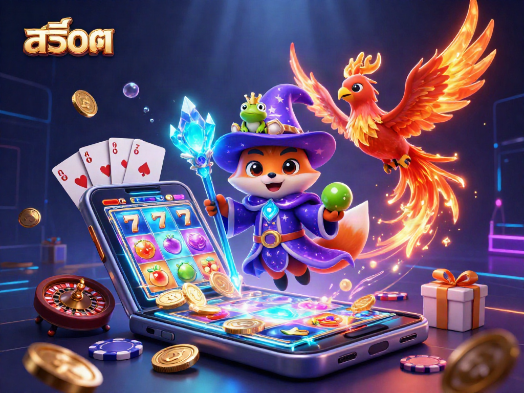 Spin the สล็อต reels with a mystical wizard, a phoenix, and a crowned frog in an immersive 3D casino scene.