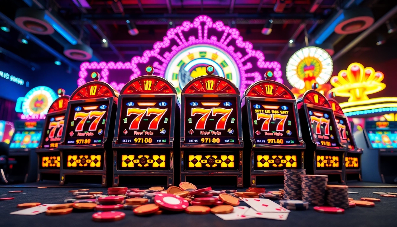 Putaran slot 777 yang mendebarkan di kasino yang berkilauan dengan lampu neon.