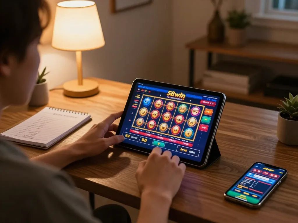 Engaging gameplay on 58win casino app with tablets, warm colors, and cozy atmosphere.