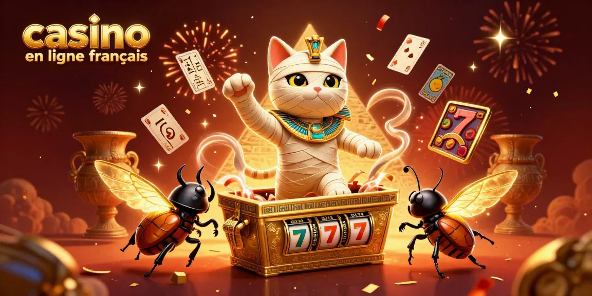 Jouez sur un casino en ligne français avec une illustration dynamique d'un chat momie égyptien et un scarabée, entourés de gains scintillants.