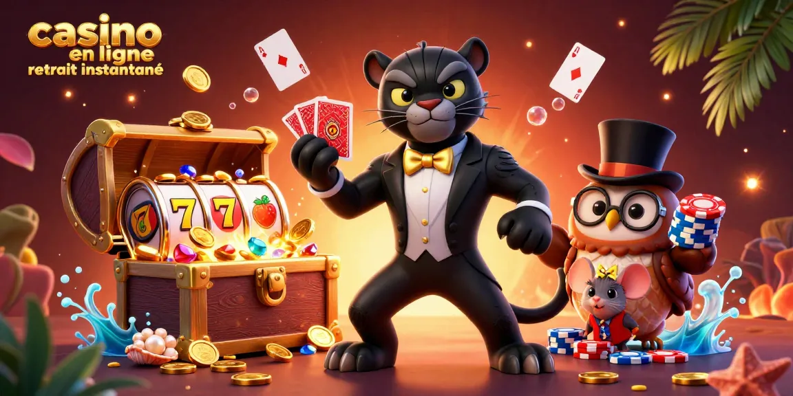 Retirez instantanément vos gains dans un casino en ligne avec des graphismes captivants mettant en scène une panthère élégante et un hibou chanceux.