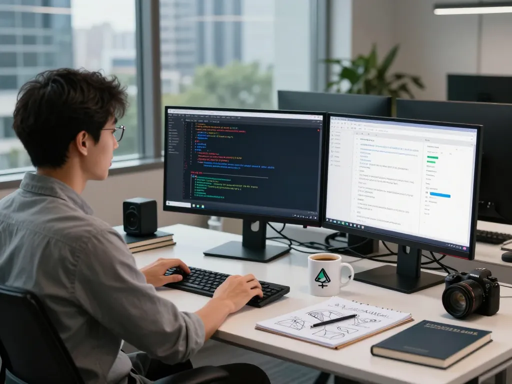 Developer coding IODeFi smart contract in a modern tech office with city views.
