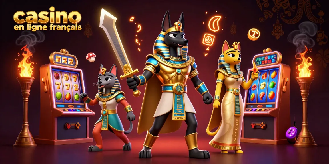 Illustration dynamique de "casino en ligne français" avec Anubis et Bastet, entourés de machines à sous et symboles de jackpot.