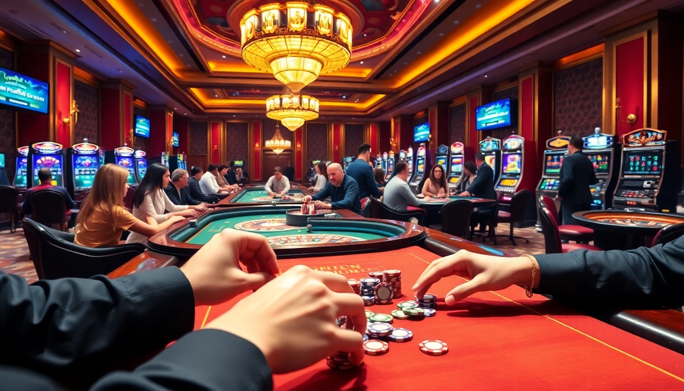 Scène de casino en ligne argent réel avec des joueurs divers profitant de jeux de table passionnants et de machines à sous.