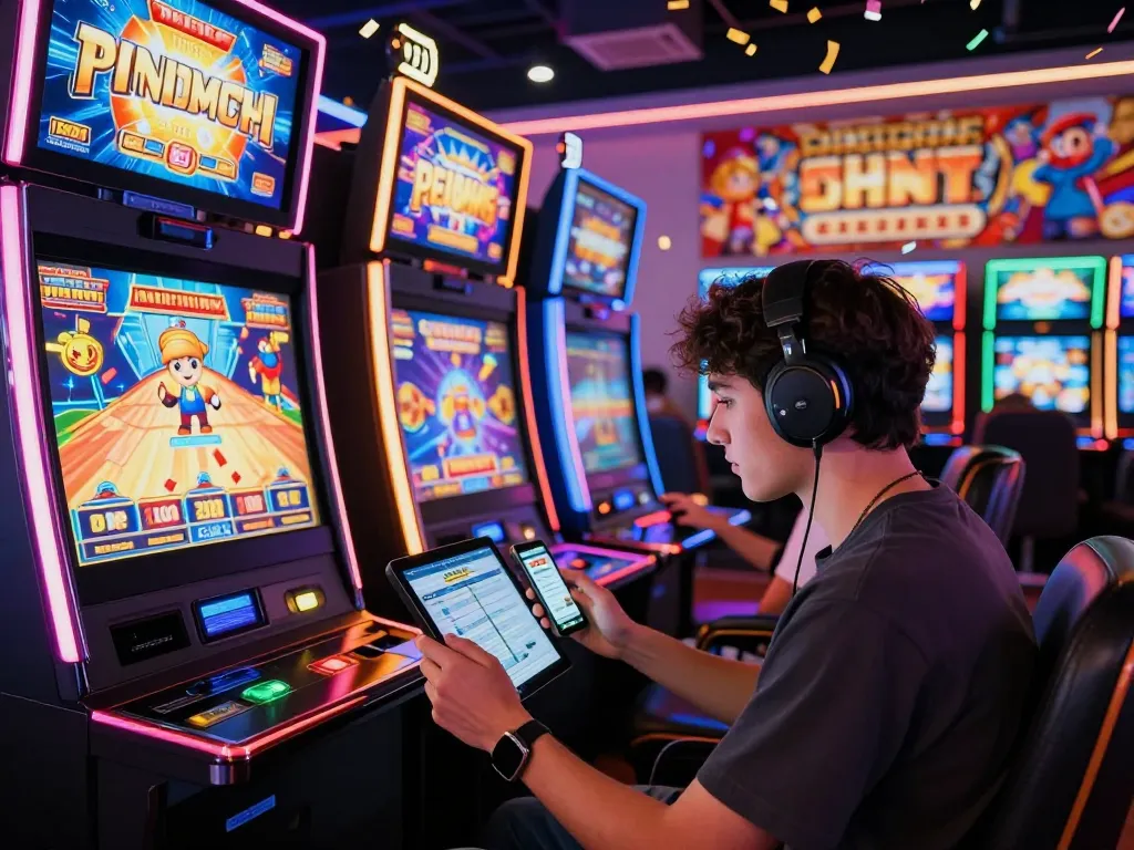 Pemandangan permainan yang menarik dari slot gacor hari ini dengan pemain yang terlibat dalam suasana kasino yang hidup.