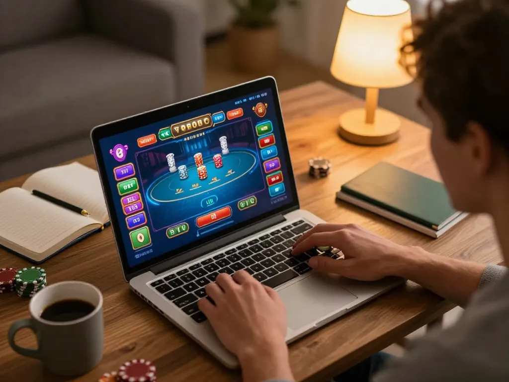 Person enjoying casino italiani non aams online gaming, laptop showing vibrant poker interface in cozy home.