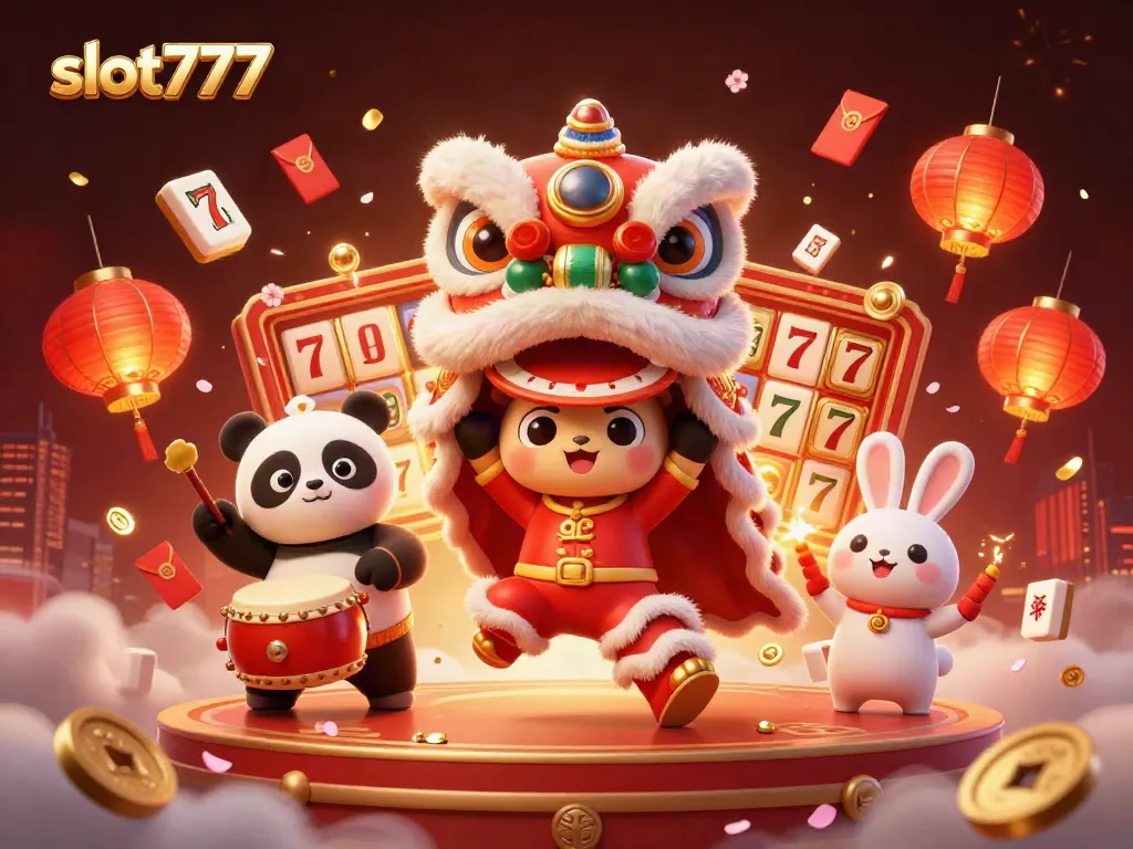 Permainan slot777 menawan dengan karakter lucu dan elemen keberuntungan di latar yang colorful.