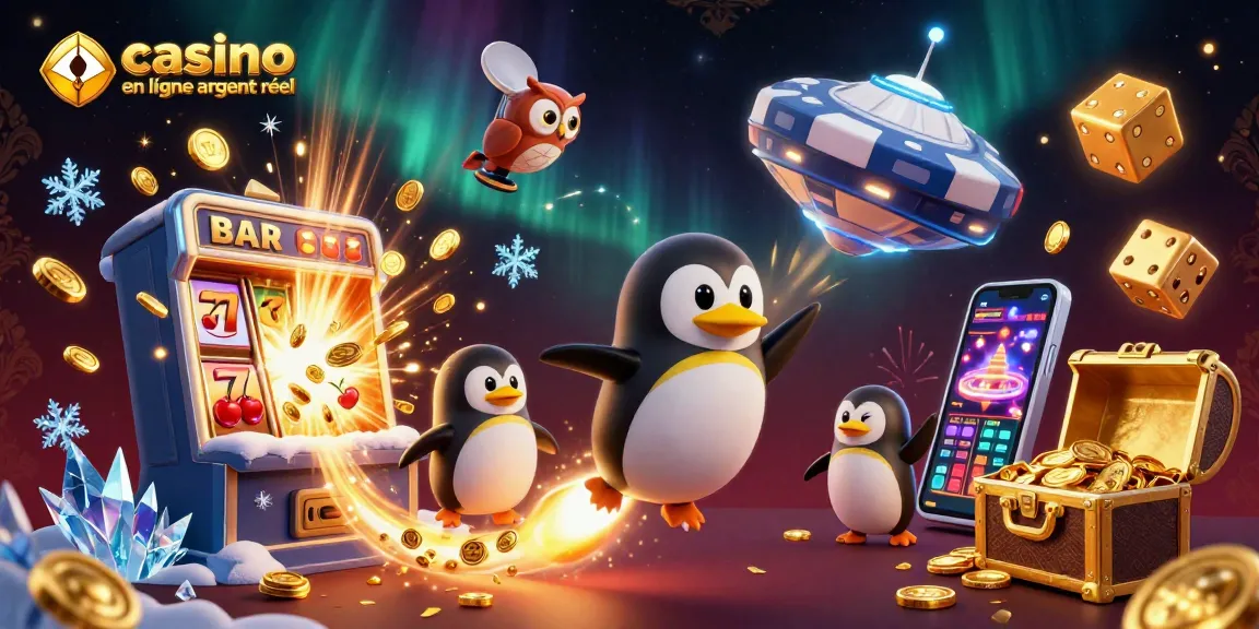 Venez découvrir le casino en ligne argent réel avec une illustration dynamique mêlant un pingouin doré et une machine à sous.