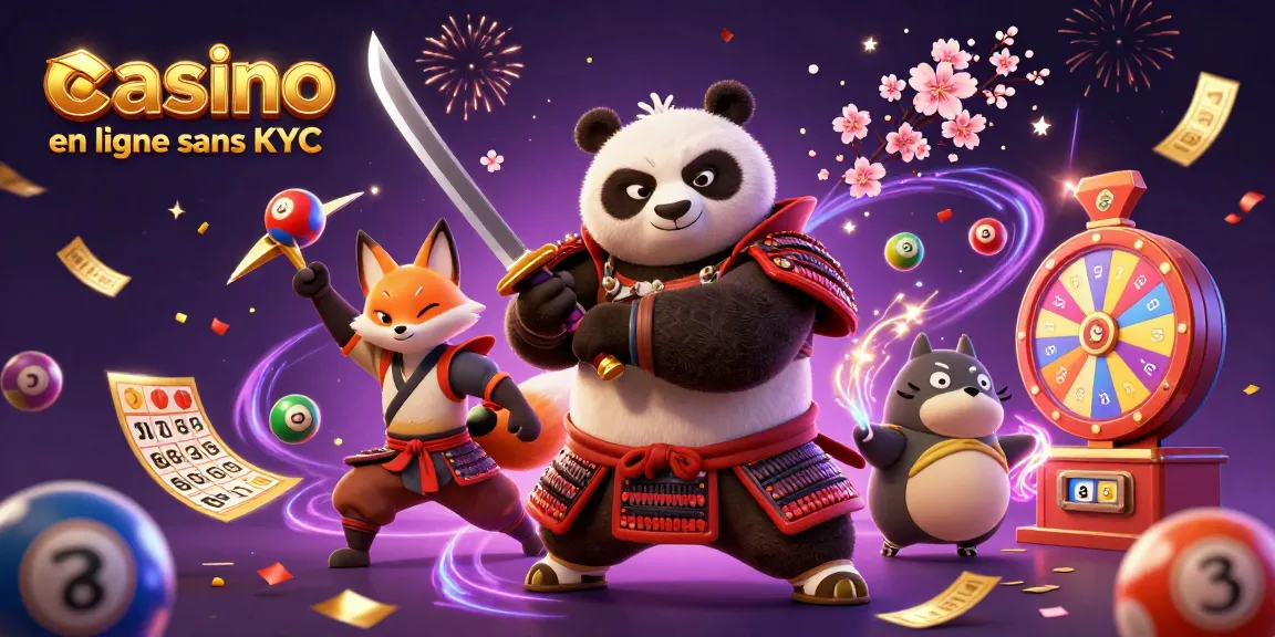 Expérimentez le jeu sur un casino en ligne sans KYC avec une illustration dynamique de panda samouraï et renard ninja.