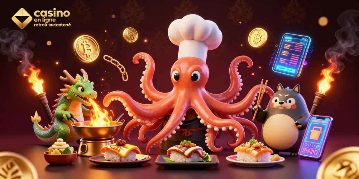 Visitez le casino en ligne avec retrait instantané où un chef sushi pieuvre prépare des plats dorés en jouant avec les crypto-monnaies.