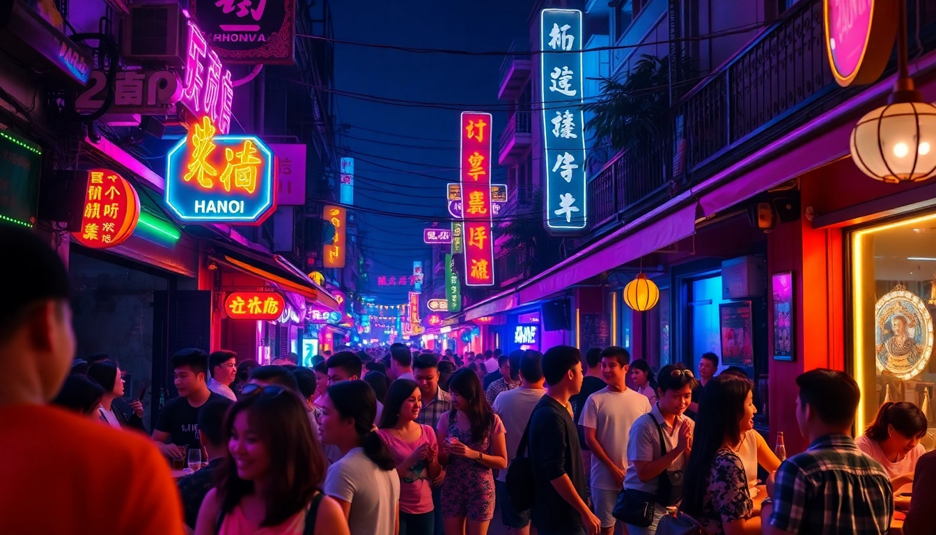 Vibrant Hanoi nightlife scene showcasing 하노이밤문화 with neon lights and lively crowds.