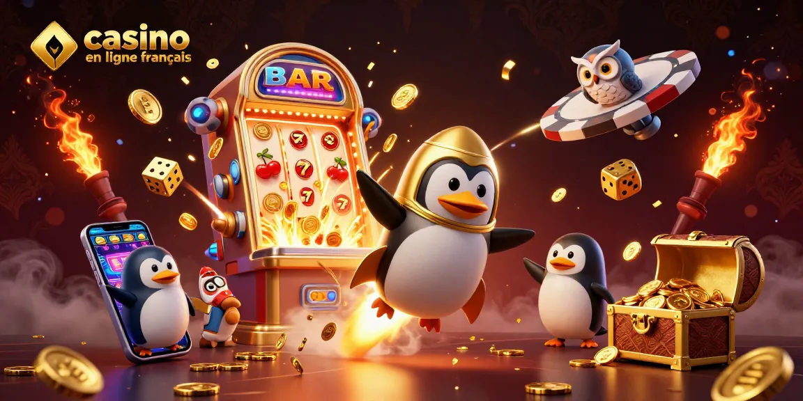 Illustration 3D des casinos en ligne français avec un pingouin doré dans l'espace, jackpot de machine à sous et animations dynamiques.