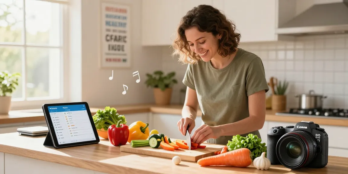 Engaging kitchen scene with best calorie tracker app on tablet, showcasing healthy meal prep.