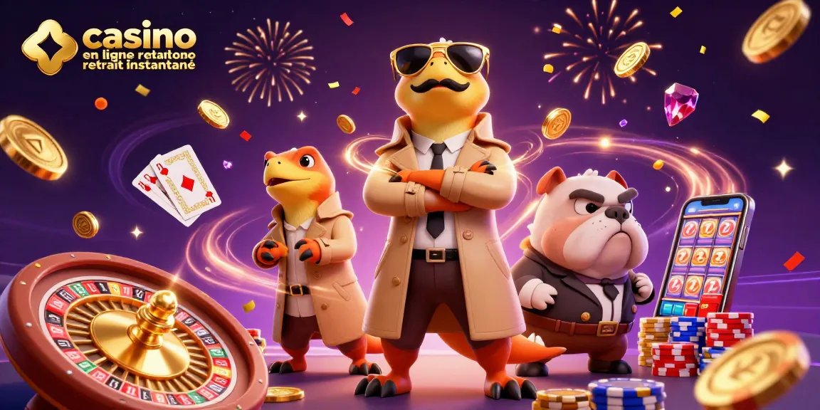Visitez le casino en ligne retrait instantané avec des raptors en trench coat et un bouncer bulldog en scène dynamique.