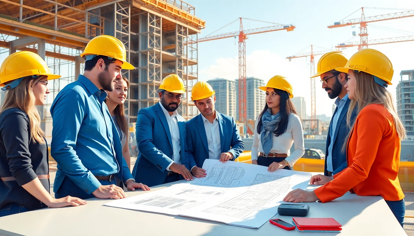 Engaging scene of professionals collaborating on construction advocacy with blueprints at a vibrant site.
