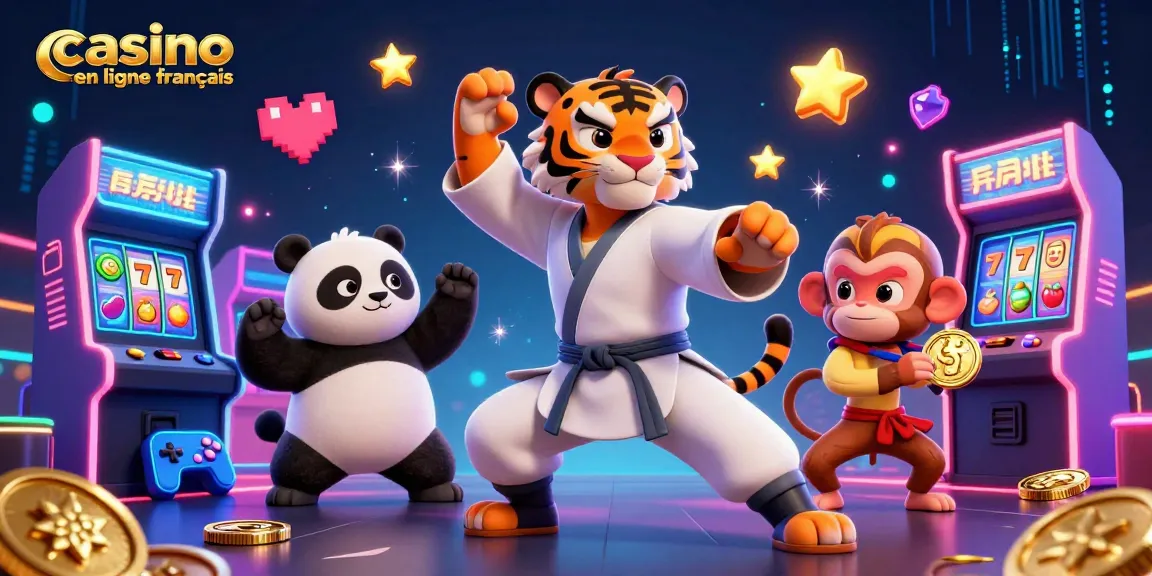 Le tigre maître en arts martiaux au casino en ligne français, avec un panda et un singe espiègle.