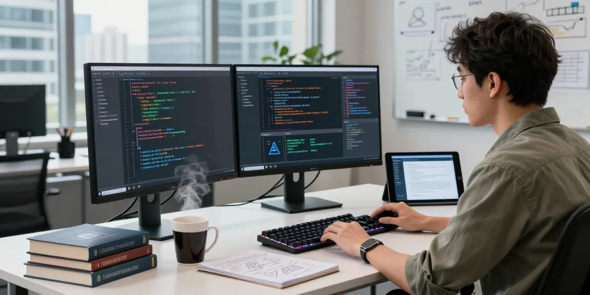 Scene showcasing a software engineer's workspace focused on crush on ai development and coding, with monitors and tech resources visible.