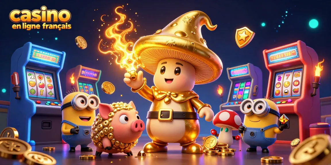 Admirez l'illustration de casino en ligne français avec un sorcier et des éléments de jeu.