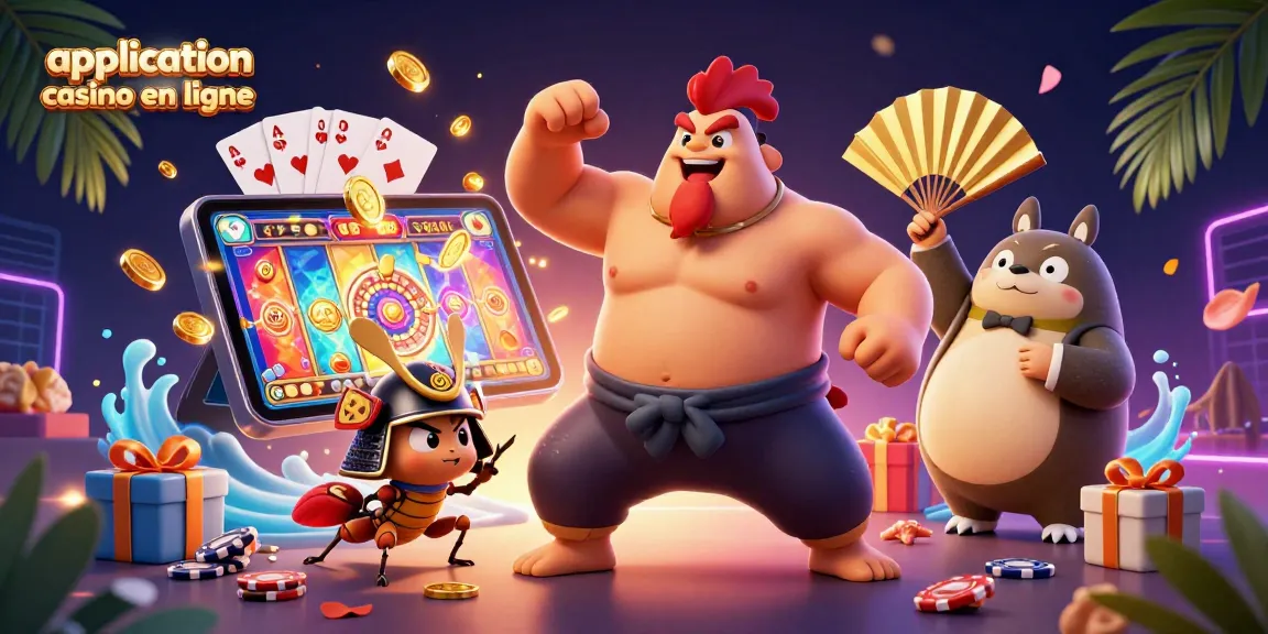 Plongez dans l'univers de l'application casino en ligne avec cette illustration dynamique où lutteurs et accessoires brillent dans un cadre enivrant.